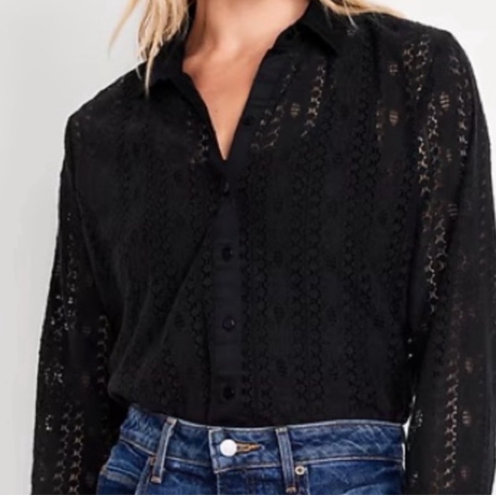 NWOT Old Navy Crochet Knit Button Up Black Womens's L Long Sleeve Collared